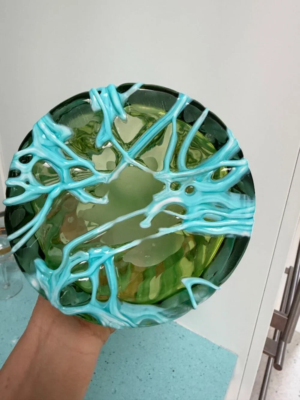 Murano Handblown Translucent Vase With Melted Threads Green Aqua Vintage